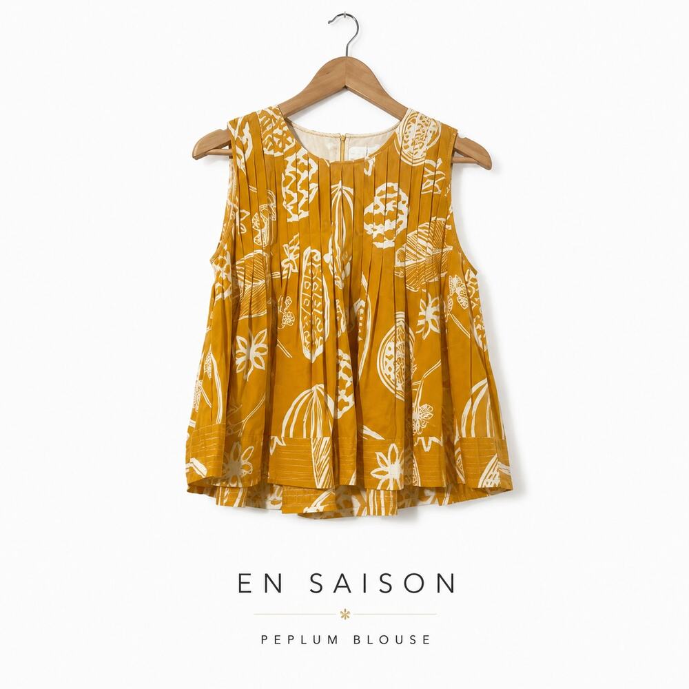 En Saison Mustard Abstract Print Peplum Sleeveless Blouse Women’s Size S